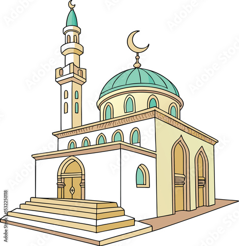 Vibrant Flat Cartoon Mosque Illustration with Teal Dome and Gold Accents