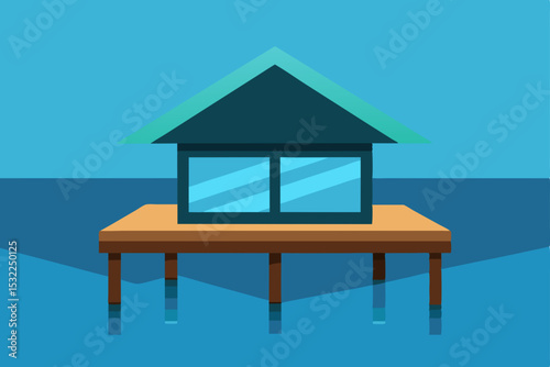 Serene Oceanfront Cabin Minimalist Lakeside House Illustration