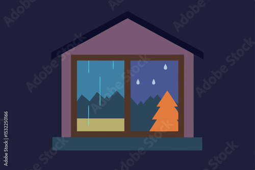 Cozy Night at Home Rain, Stars, and a Christmas Tree View from the Window
