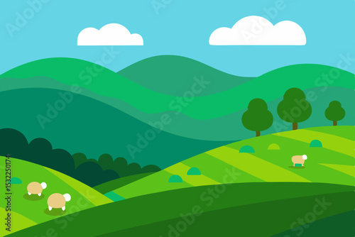 Serene Rolling Hills Landscape Idyllic Green Pastures with Sheep
