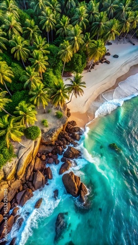 Aerial View of Tropical Beach with Palm Trees Rocks and Turquoise Water