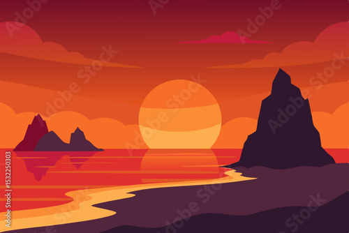 Fiery Sunset over Ocean Cliffs A Stunning Coastal Landscape Illustration
