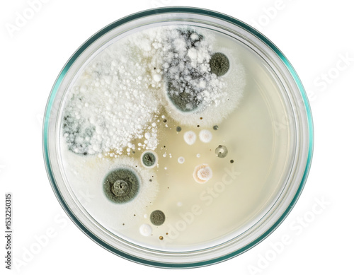 Petri dish containing diverse colonies of mold and fungal growth in various colors and textures.