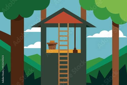 Serene Treetop Escape A Cozy Forest Lookout Illustration