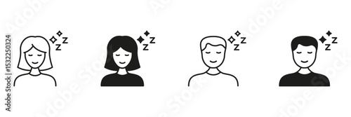 Sleeping Person Line And Solid Icon Set. Relaxation, Rest, And Sleep Symbol Collection. Male And Female Characters With Sleep Symbols. Isolated Vector Illustration