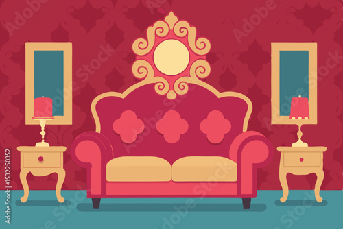 Elegant Living Room Interior Design  A Luxurious Sofa and Ornate Mirror
