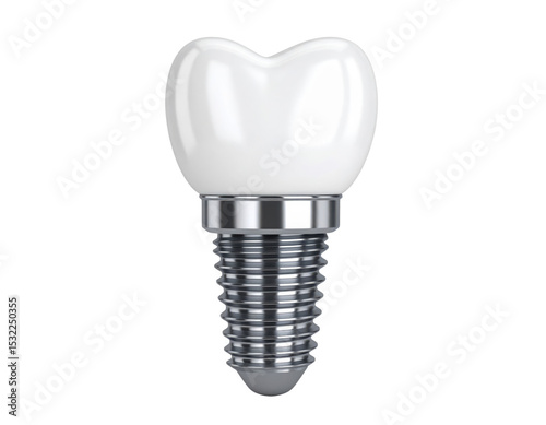 A dental implant with a white ceramic crown and metallic screw designed to replace a natural tooth.