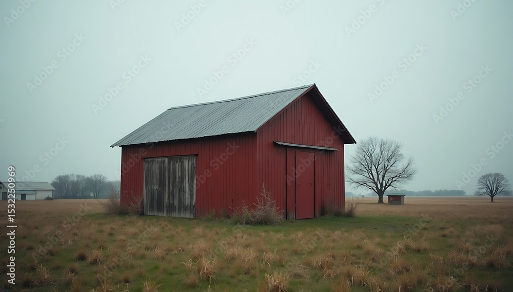 Fototapeta premium Red barn in grassy field under overcast sky. Rural scene.