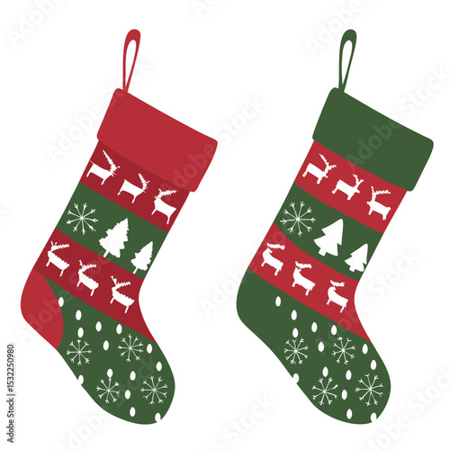 Three red Christmas stockings, filled with small gifts and decorated with candy cane accents, hang from a dark green wooden shelf against a white background.