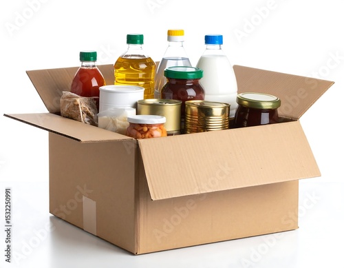 Cardboard box filled with various food items