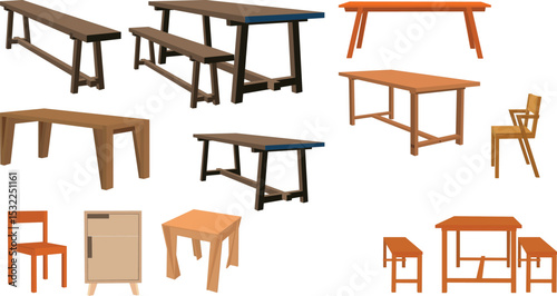 Collection of Wooden Tables, Chairs, nightstand and Benches Vector – Flat Design Furniture Set for Dining, Home Decor, Modern Interior, Seating, Minimalist Style, Vector Illustration, Room Decorations