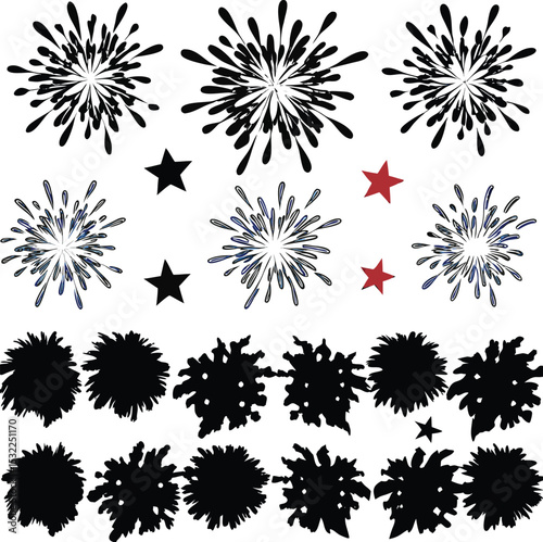 Festive vector illustration of fireworks explosions and star shapes