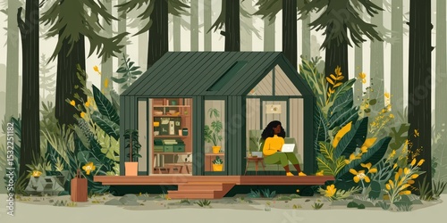 A remote worker in casual attire engaging in a video meeting from a cozy tiny house nestled in the woods, showcasing innovative lifestyle balance.