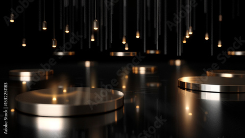 3D render of elegant black abstract background with floating gold elements, high-end luxury design, reflective lighting, depth and texture, clean negative space, studio lighting