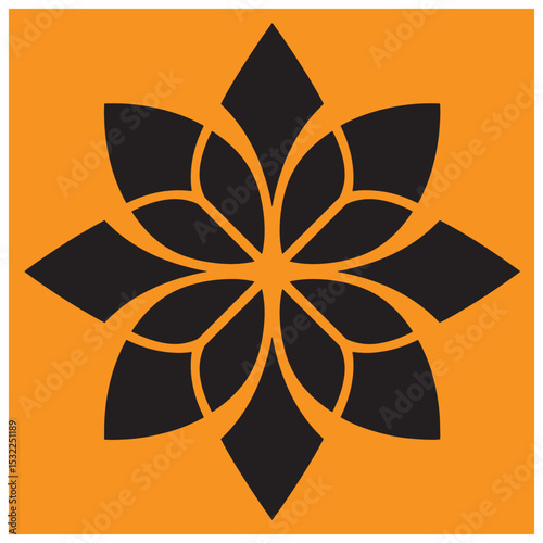 Elegant black floral mandala design on a vibrant orange background suitable for various applications