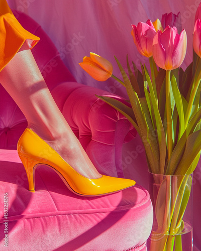 Artistic fashion still life, close-up of a woman’s foot wearing yellow high heels on a velvet pink armchair, holding a bouquet of tulips, bold color blocking, modern femininity, pop editorial vibe, so