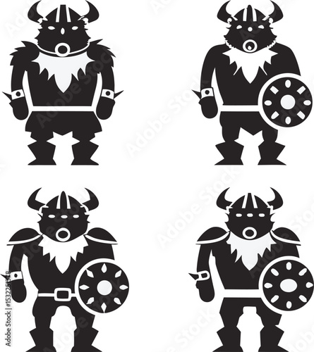 Four illustrated viking characters with helmets shields and a warrior design