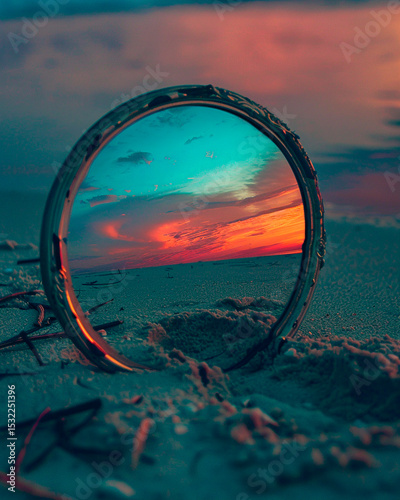 Wallpaper Mural Artistic photo of a small vintage mirror placed on the ground reflecting a colorful summer sunset sky, sand or natural surface around it, surreal and poetic mood, no people visible, strong editorial s Torontodigital.ca