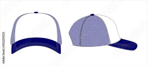 trucker hat template, isolated background, vector template, Technical Drawing Illustration, Blank Streetwear Mock-up Template, Blank White 5 Panels Baseball Cap, Meshbaseball cap vector template
