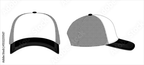 hat template vector, Snapback hat  Technical Drawing Illustration Blank Streetwear Mock-up Template, Blank White 5 Panels Baseball Cap, Meshbaseball cap vector template, technical hat apparel vector