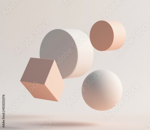 Generative ai image of 3D geometric shapes floating on light background, soft shadows