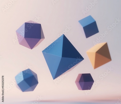 Generative ai image of 3D geometric shapes floating on light background, soft shadows