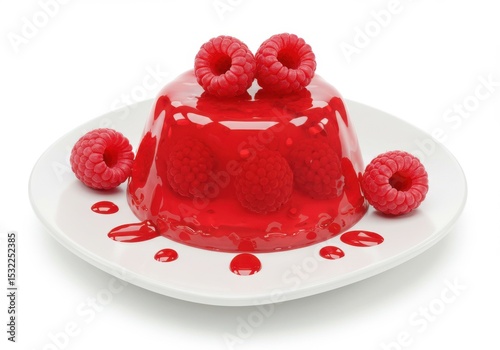 Raspberry jelly dessert with fresh berries on a plate