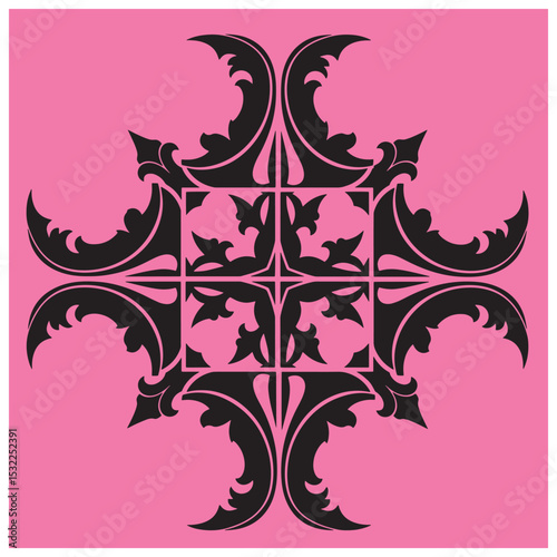 Elegant symmetrical black floral design on a vibrant pink background for decorative usage