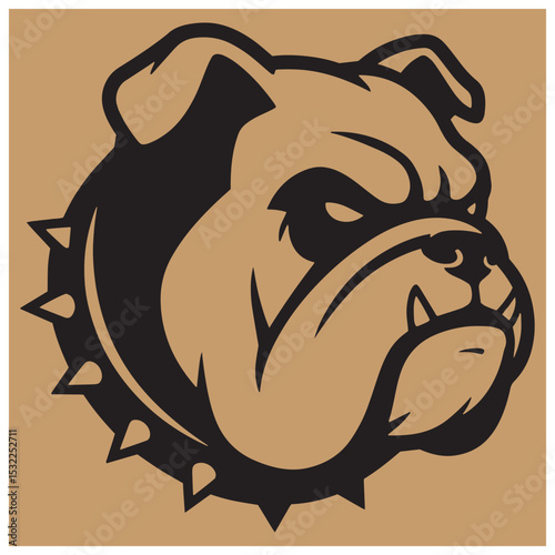 Fierce bulldog head silhouette with spiked collar in bold black and tan color scheme