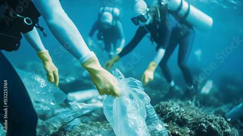 Divers in wetsuits and gloves collect plastic waste underwater to clean the ocean and protect marine life.