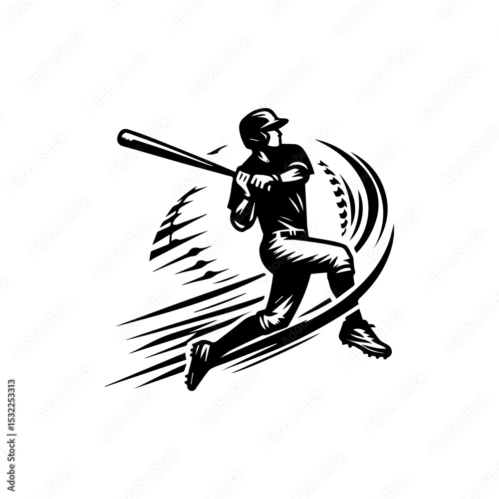 Fototapeta premium Dynamic baseball hitter silhouette logo with powerful swing and motion blur effect in bold monochrome vector illustration