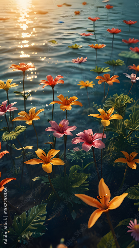 custom made wallpaper toronto digitalDetailed view of a landscape filled with soft cartoon flowers, with a simple, clean aesthetic in a vector style, beautiful, peaceful flower garden background and vibrant orange coreopsis flowers.