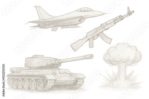 military aircraft, weapons, and explosions in sketch style perfect for action and war themed projects