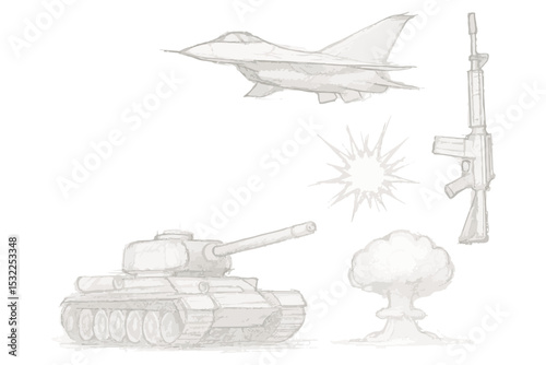 war machines and explosions in hand drawn illustration ideal for combat, defense, and military visuals