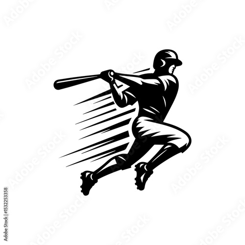 Dynamic baseball hitter silhouette logo with powerful swing and motion blur effect in bold monochrome vector illustration