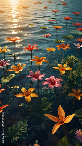Detailed view of a landscape filled with soft cartoon flowers, with a simple, clean aesthetic in a vector style, beautiful, peaceful flower garden background and vibrant orange coreopsis flowers.