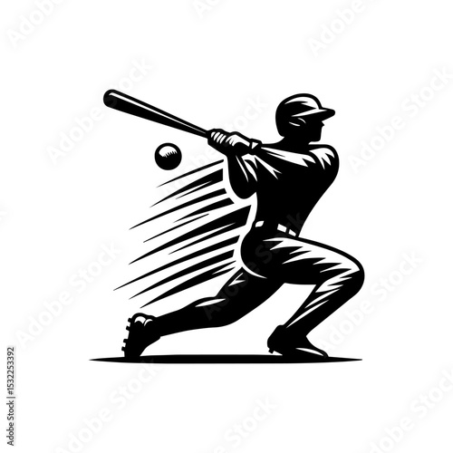 Dynamic baseball hitter silhouette logo with powerful swing and motion blur effect in bold monochrome vector illustration