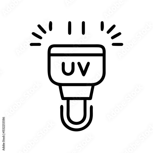 Line icon of a UV light bulb emitting rays, representing ultraviolet disinfection, sterilization, or sanitization technology applications.
