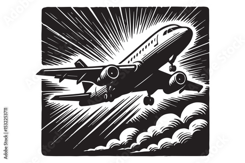 Dynamic airplane taking off with dramatic lines and clouds in the background