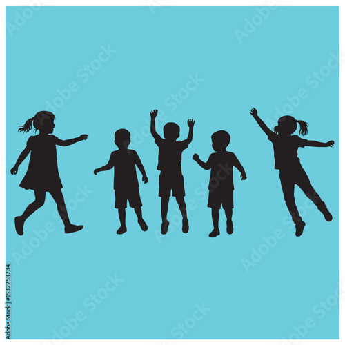 Silhouette illustration of five joyful children playing and having fun in a bright light blue background.