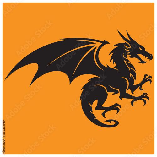 Silhouette of a fierce dragon with wings and claws on a vibrant orange background
