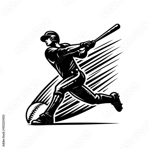 Bold monochrome baseball player logo capturing the explosive moment of contact between bat and ball with motion lines