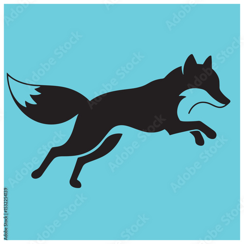 Silhouette of a jumping fox against a bright blue background for graphic design