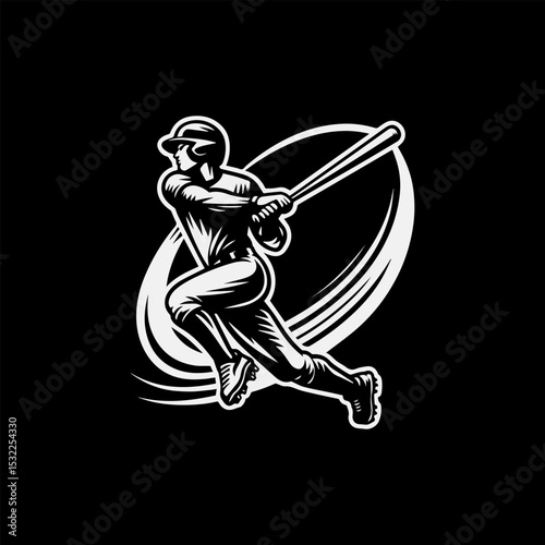 Striking black and white illustration of a baseball player in mid-swing with dynamic lines. Sport concept