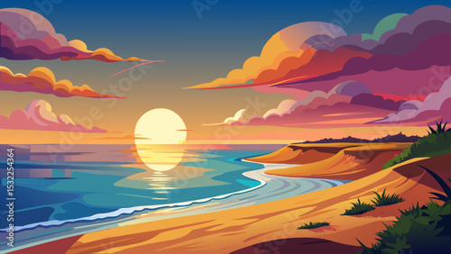 Sunset at beach becomes magical, capturing beauty of coast. Sun dips below horizon with warm glow, casting shadows on sand dunes. Gentle waves echo peace in the idyllic seascape’s calm waters.