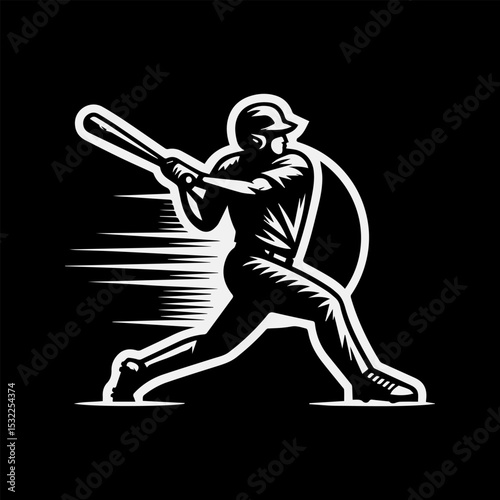 Striking black and white illustration of a baseball player in mid-swing with dynamic lines. Sport concept