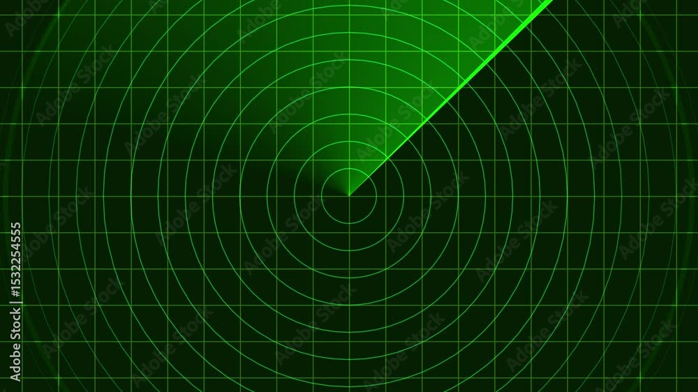 Green radar screen with scanning beam and circular grid - overlay animation for video compositing