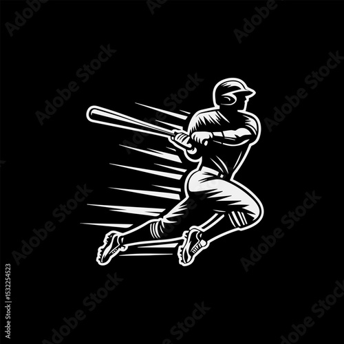 Striking black and white illustration of a baseball player in mid-swing with dynamic lines. Sport concept