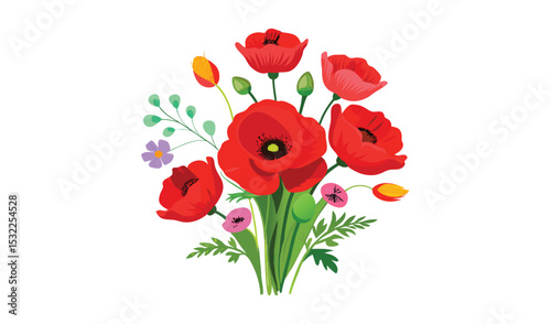 Vibrant red poppy flower bouquet illustration