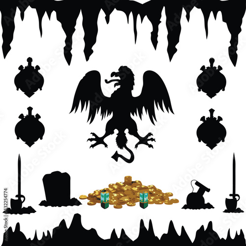 Silhouette illustration featuring a majestic eagle with coins and fantasy elements